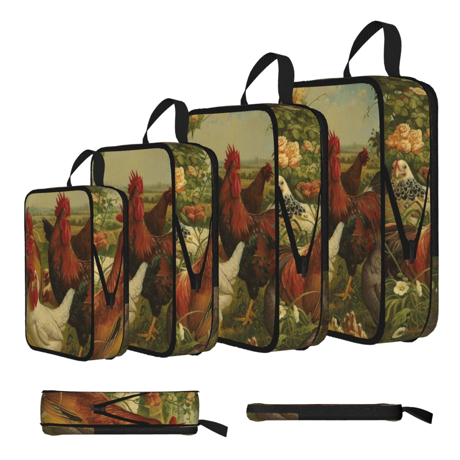 Esnaiuvcd Black Chickens And Farm Print 4 Set Compression Packing Cubes For Suitcases,Expandable Storage Bags Organizers