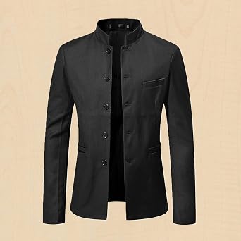 Men's Chinese Tunic Suits Mandarin Collar Formal Suit Jacket Solid Slim Fit Front Button Blazer Traditional Uniform