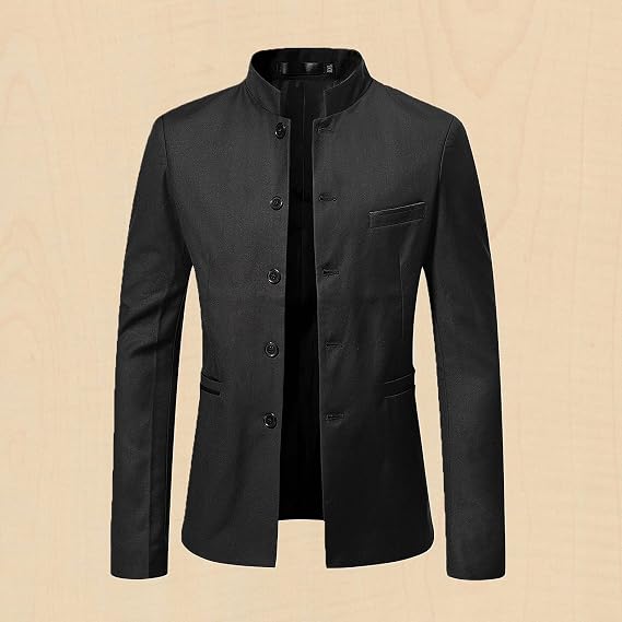 Men's Chinese Tunic Suits Mandarin Collar Formal Suit Jacket Solid Slim Fit Front Button Blazer Traditional Uniform
