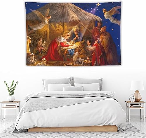 Miniatura 5 de QUANQIUYING Tapiz de arte de pared con diseño de belén de Feliz Navidad, decoración para dormitorio, hogar, decoración para colgar en la pared para