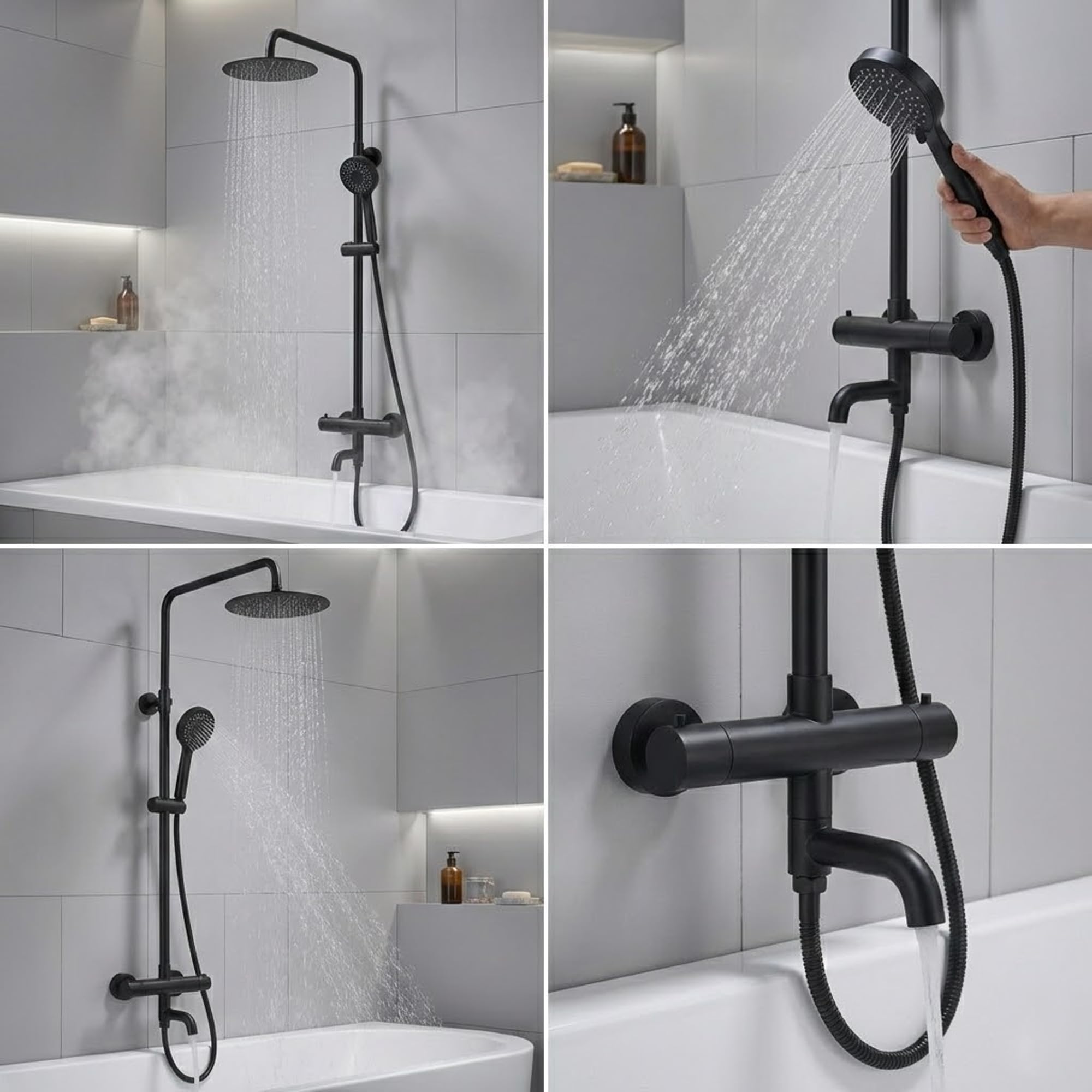 ARKO - Miscelatore termostatico con rubinetto per vasca da bagno, set doccia a pioggia e portatile, sistema termostatico per vasca e doccia (rotondo, nero)