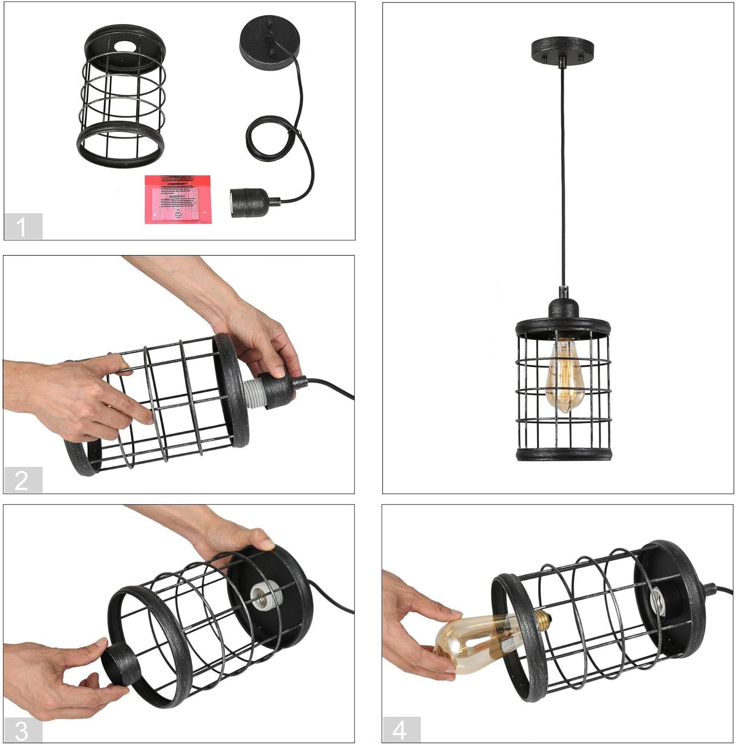 LOG BARN Farmhouse Cage Pendant Light Fixtures, Rustic Industrial Hanging Pendant Lighting with Brushed Finish for Kitchen Island, Foyer, Hallway, Bedroom and Entryway