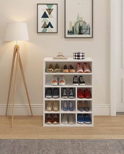 Miniatura 6 de HAIOOU Zapatero apilable de madera con 9 cubos, organizador de zapatos de madera de 5 niveles con 2 estantes de almacenamiento para 10-15 pares