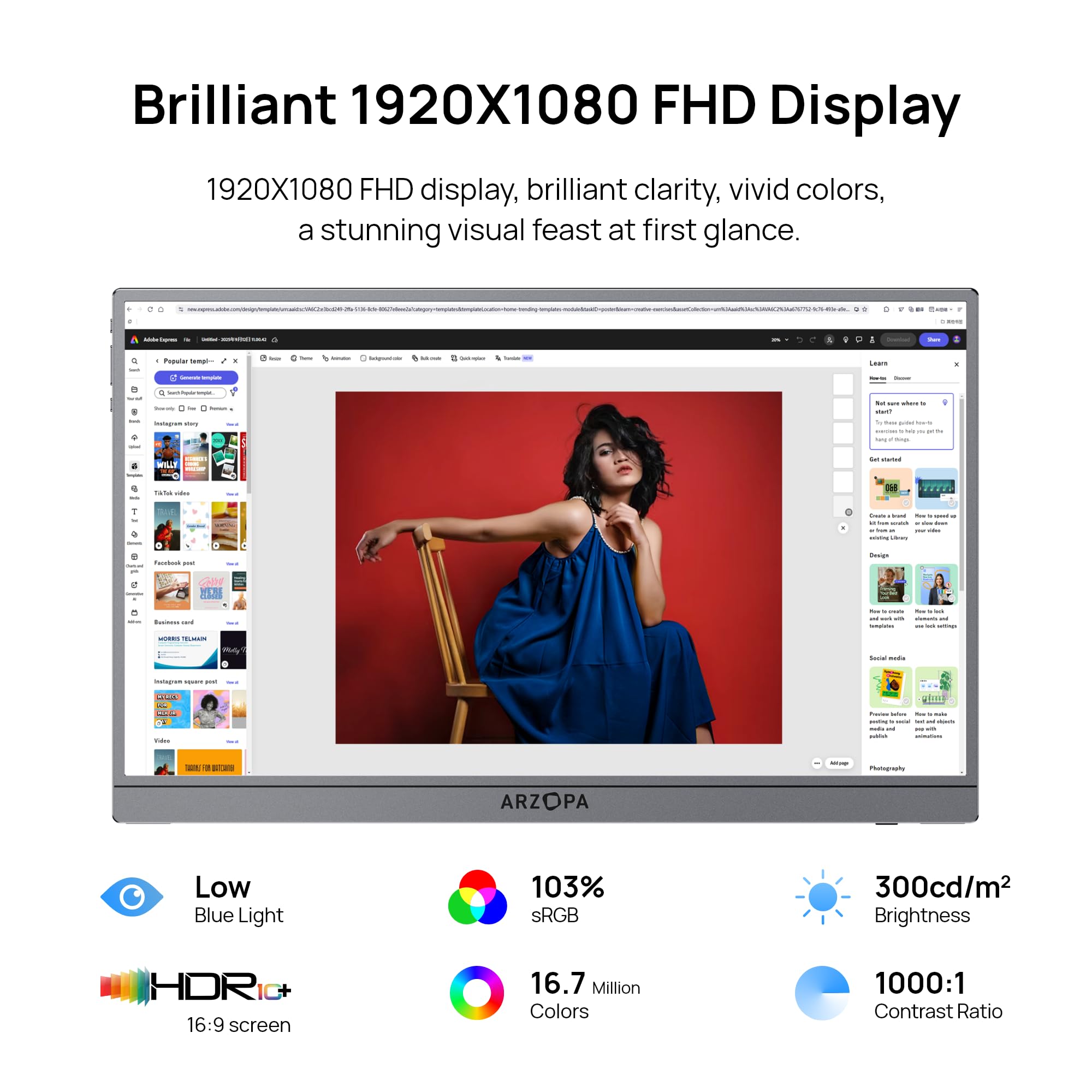 ARZOPA Portable Monitor, 15.6'' 1080P FHD Laptop Monitor USB C HDMI Computer Display HDR Eye Care External Screen w/Smart Cover for Mac Phone Xbox Switch PS5-S1 Table: 17.3" Z1C PLUS GRAY Gray