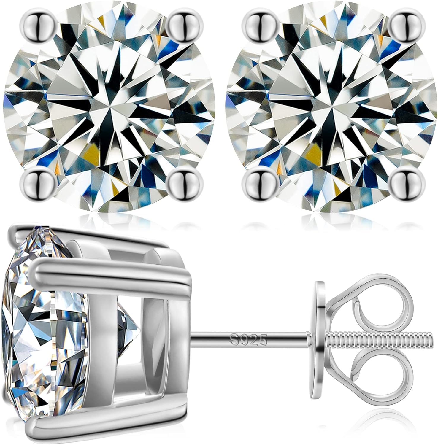 Moissanite Stud Earrings Screw Back 3-10mm 0.2ct-8.0ct 18K White Yellow Rose Gold Plated S925 Sterling Silver Round Cut D Color VVS1 Lab Created Moissanite Earrings for Women Men
