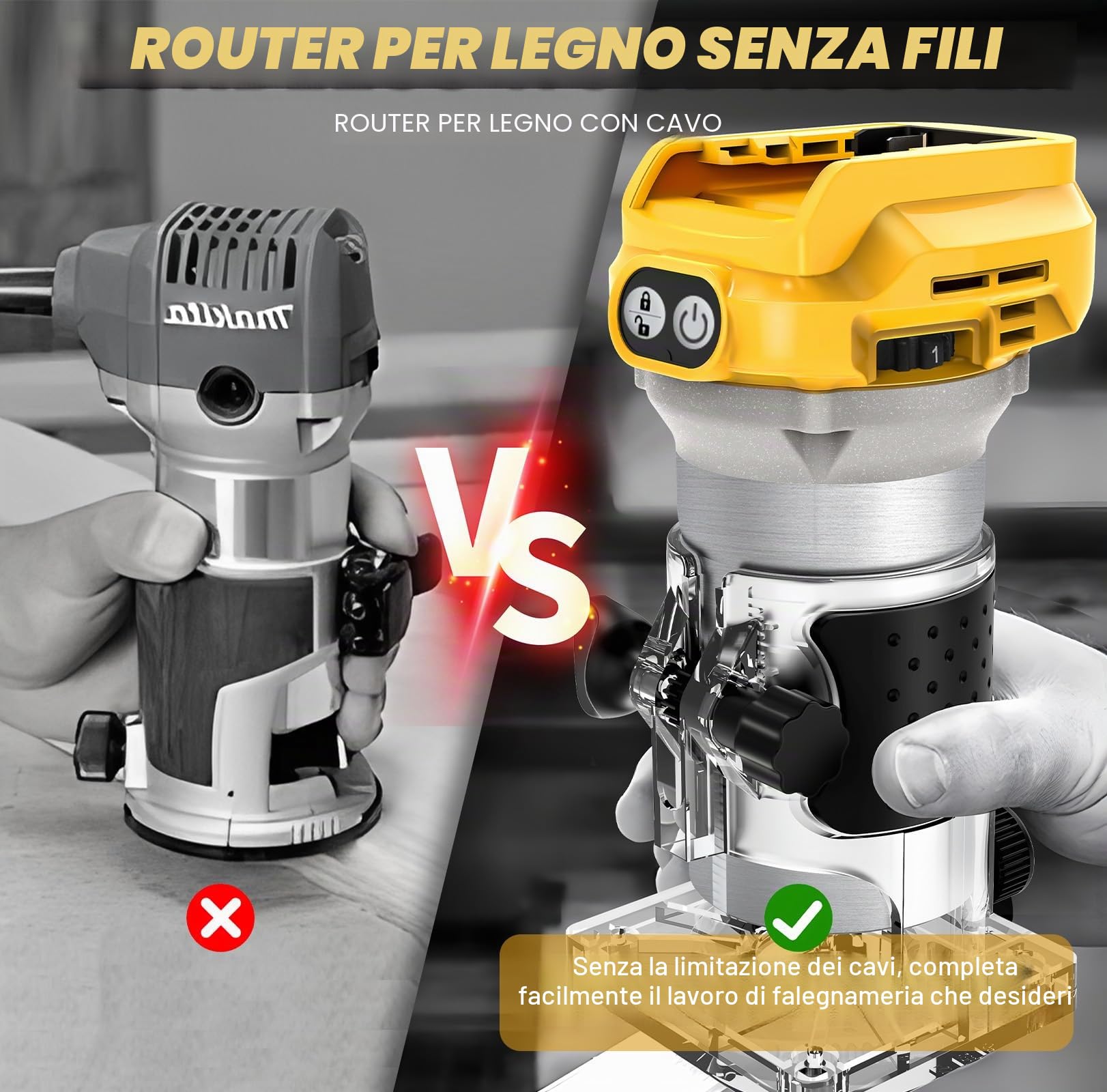 WingFly Fresatrice per Bordi a Batteria per Dewalt 18 V, 20 V, Rifilatore Fresatrice Portatile Senza Spazzole per Lavorazione del Legno, con Set di Frese da 15 Pezzi