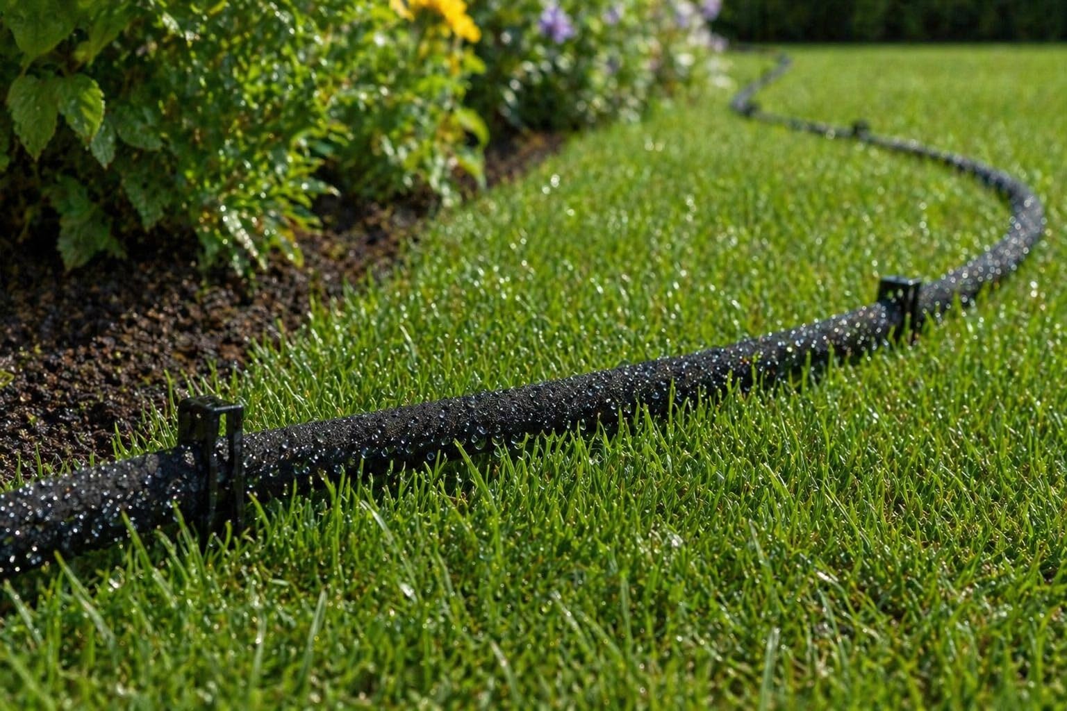 BirnePower Perlschlauch AQUA-DROP 100m, 1/2 Zoll Tropfschlauch zur Bewässerung, Wassersparend bis zu 70%, UV-Beständig, Inkl. Druckminderer & Anschlüssen für Garten, Hecken & Beete, Schwarz