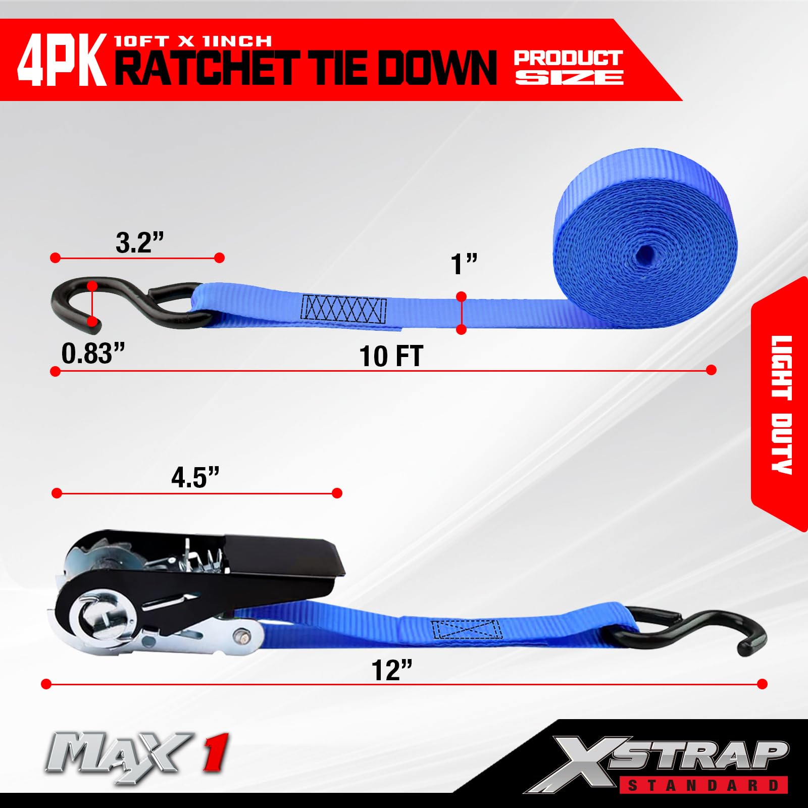 XSTRAP Zestaw 4 pasków mocujących z grzechotką, 3 m, nasadka ładująca 136 kg, wytrzymałość na zerwanie 408,2 kg, do urządzeń przeprowadzkowych, trawników, motocykli (niebieski)
