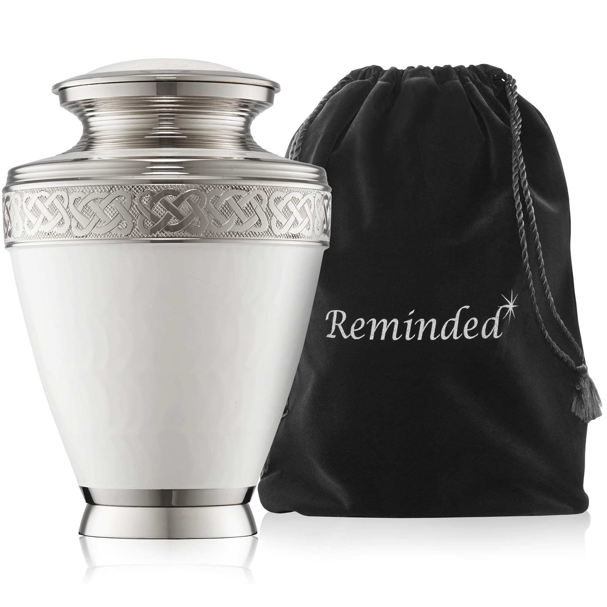 Reminded Cremation Memorial Urn for Human Ashes, Silver and White Adult Funeral Urn with Velvet Bag โ image 1