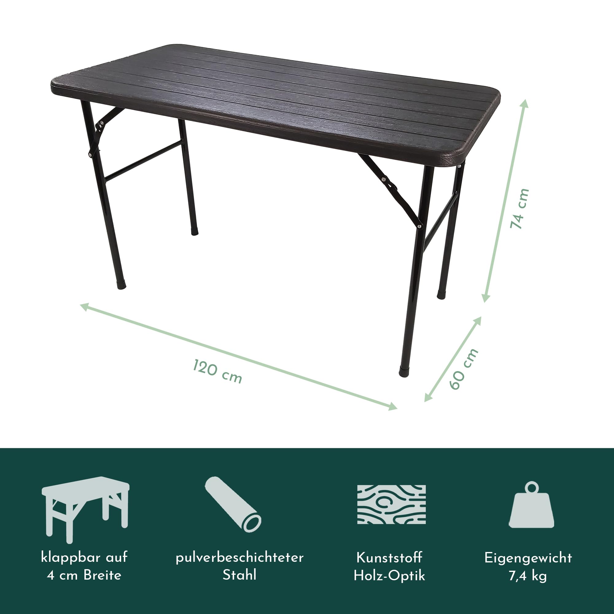 Mobilier Extérieur Rangement Table Pliante Lemodo 120x60cm - Plateau Aspect Bois - Intérieur/extérieur - Jusqu'à 6 Personnes Table Extérieur Plateau Bois