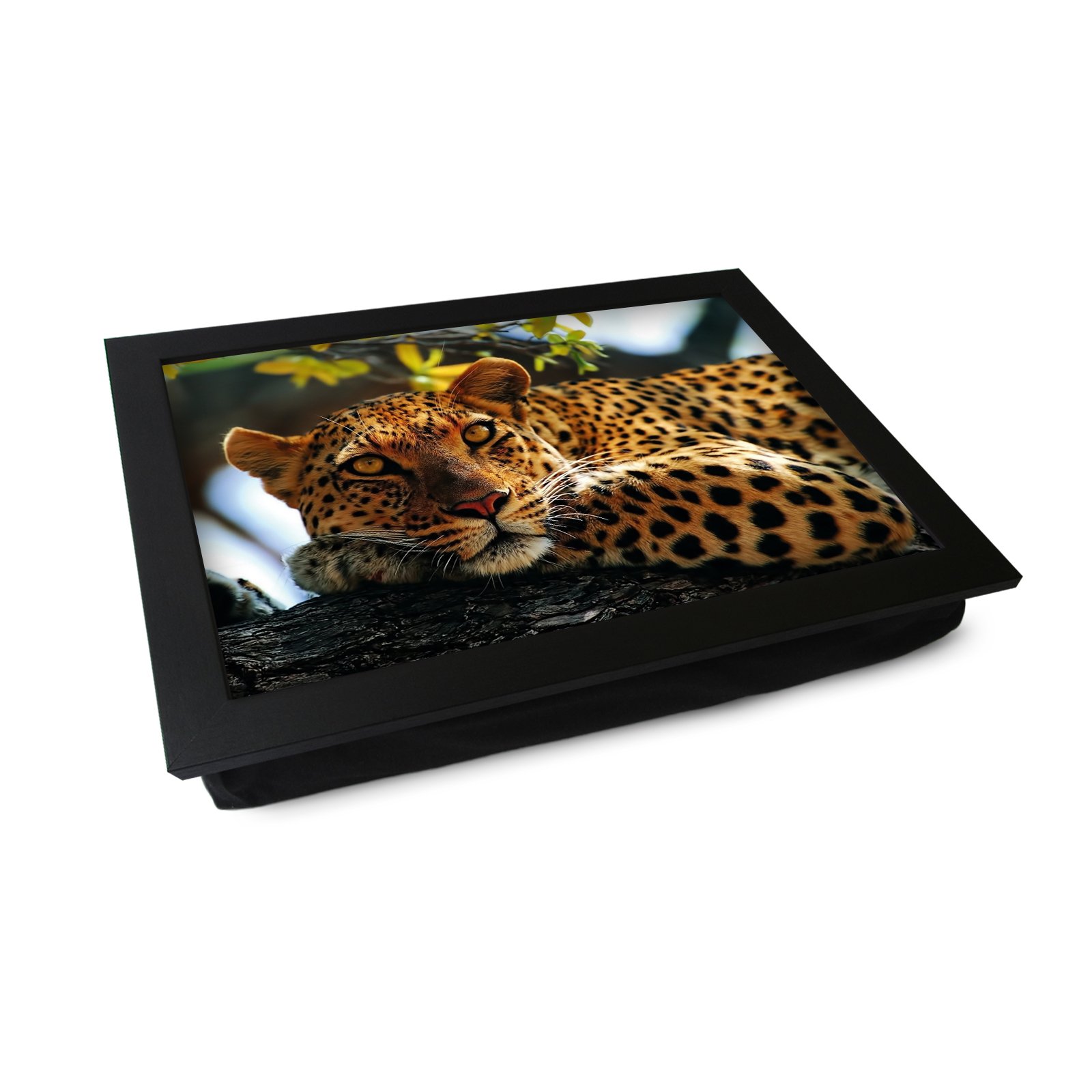 Extra Large Portable Lap Desk Tray (Leopard In A Tree) Wide Multi Purpose | Handmade Large Wooden Frame, Big Beanbag Cushion Bottom | Computers, Laptops, Meals, Food | 49.8cm | XL47 Black