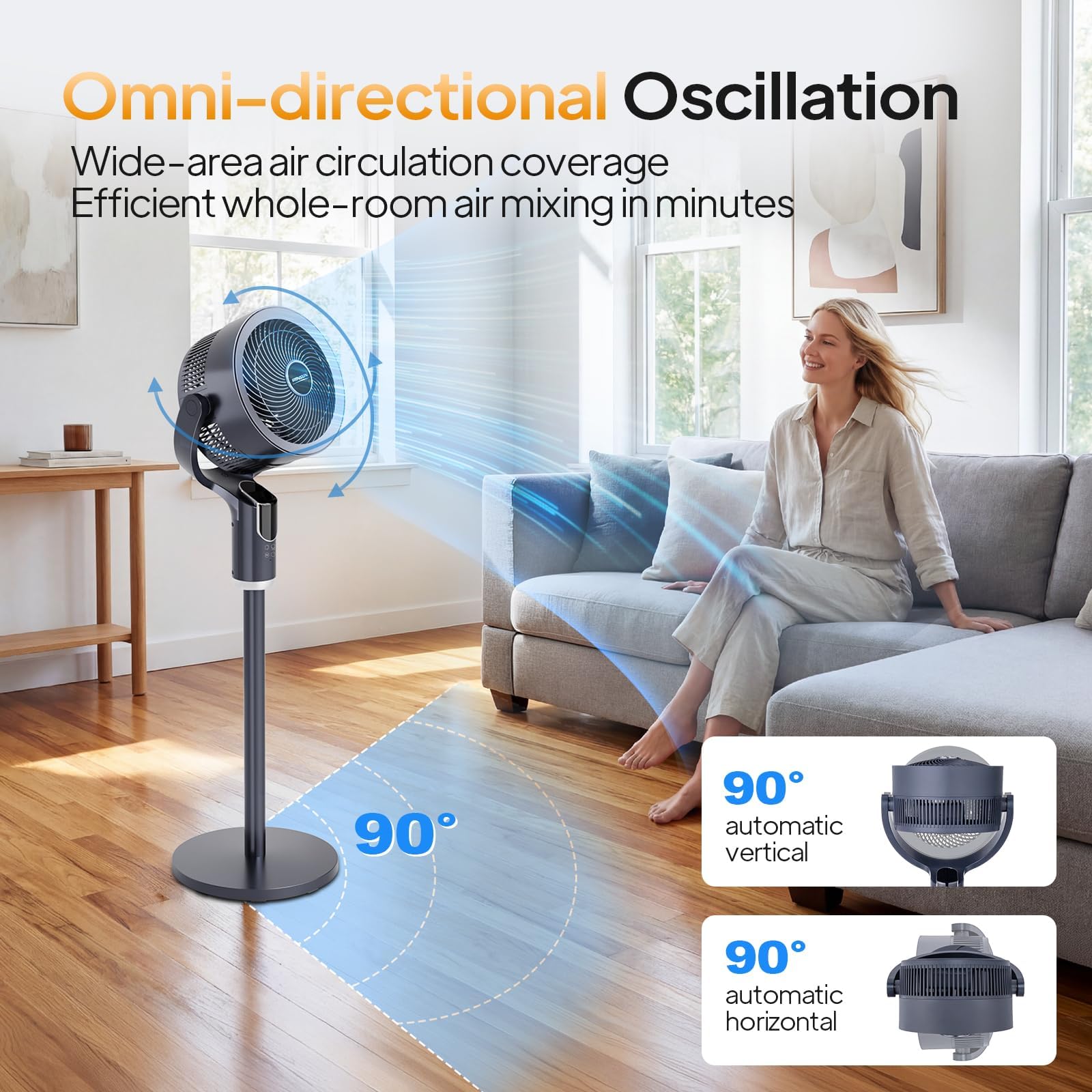 ROVSUN Ventilateur sur Pied Silencieux 3 en 1, Circulateur d’Air Puissant, 8 Vitesses, 3 Modes, Minuterie 9H, Télécommande + Écran Tactile, Oscillation 90° H / 90° V, Hauteur réglable 61-109 cm, Noir