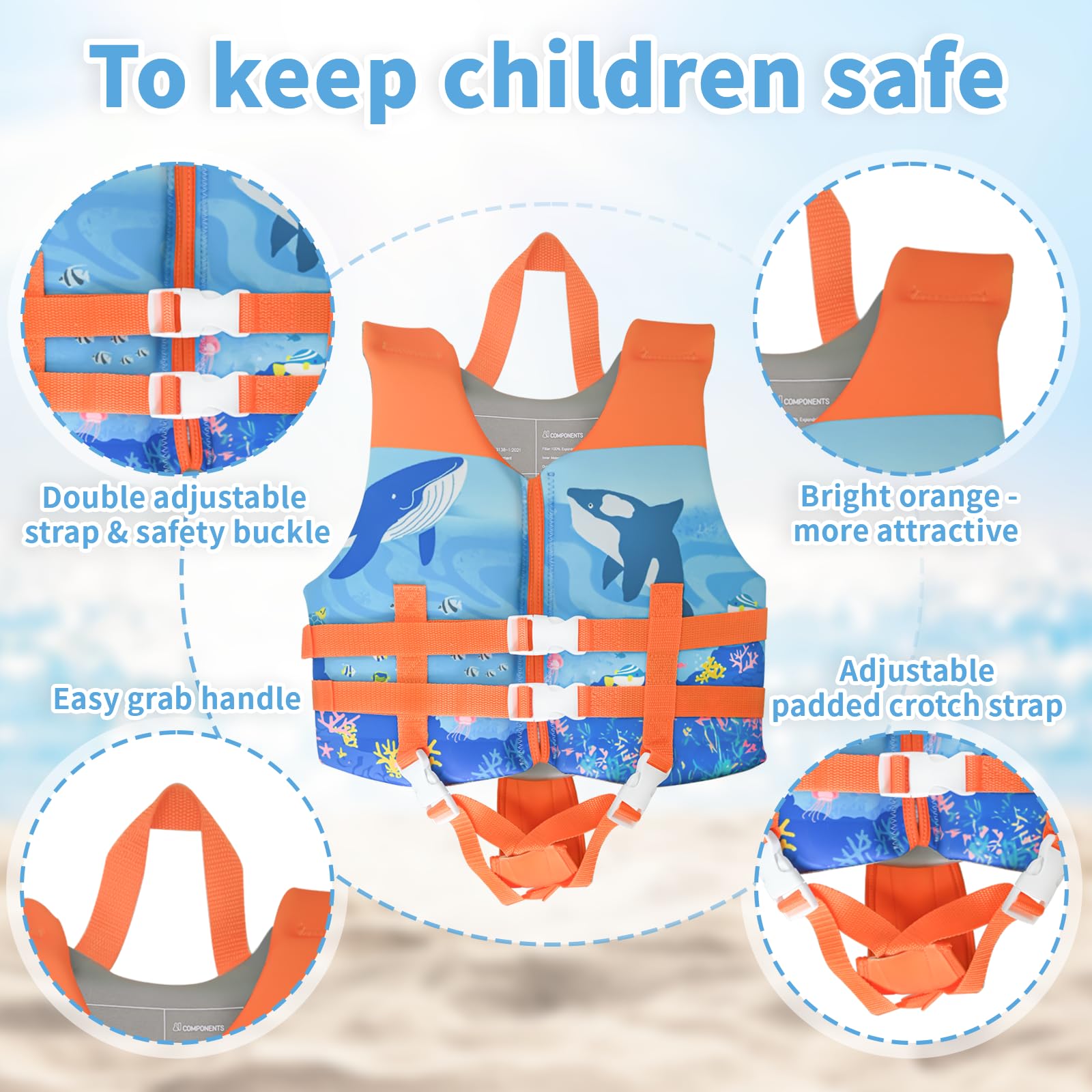 Giubbotto da Nuoto Bambino 1-6 Anno, Gilet da Nuoto di Flottabilità Bambini 1 ai 6 Anni 11-25kg / 24-55lbs, con Cinghia di Sicurezza Regolabile, Aiuto al Galleggiamento, per Barca