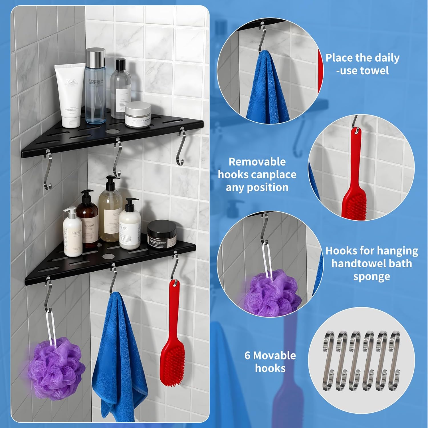 2 Pack Corner Shower Shelf,10-Inch 304 Stainless Steel Bathroom Shelves with 6 Hooks 40 lbs Heavy Duty Capacity Durable Drill-Mount Installation Shower Shelf for Inside Shower (Black)