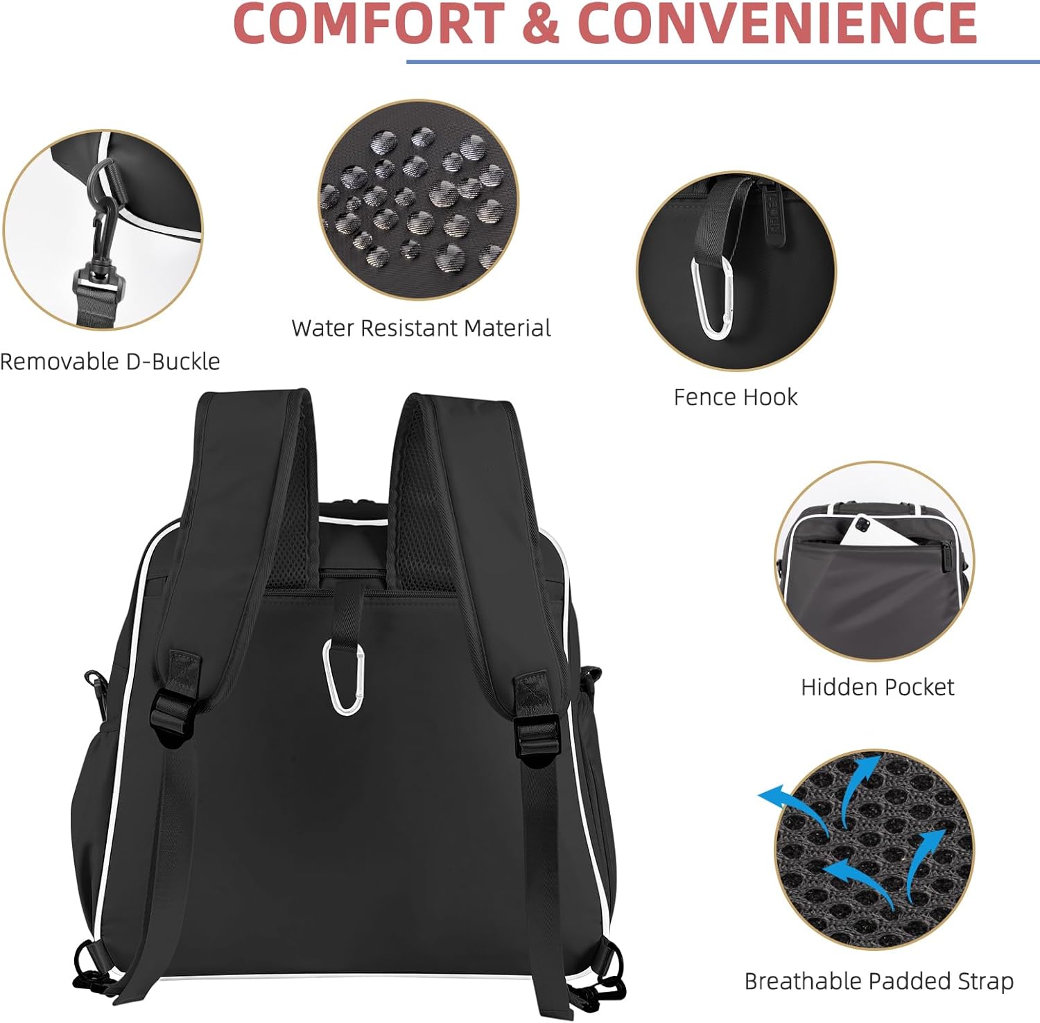 Pickleball Bag Pickle Ball Backpack for Women,Pickleball Accessory Tote Sport Equipment Bag Machine Washable with Shoe Compartment,Wet Pocket,Adjustable Shoulder Strap Fence Hook,Great Gift 30L-Black - Image 5