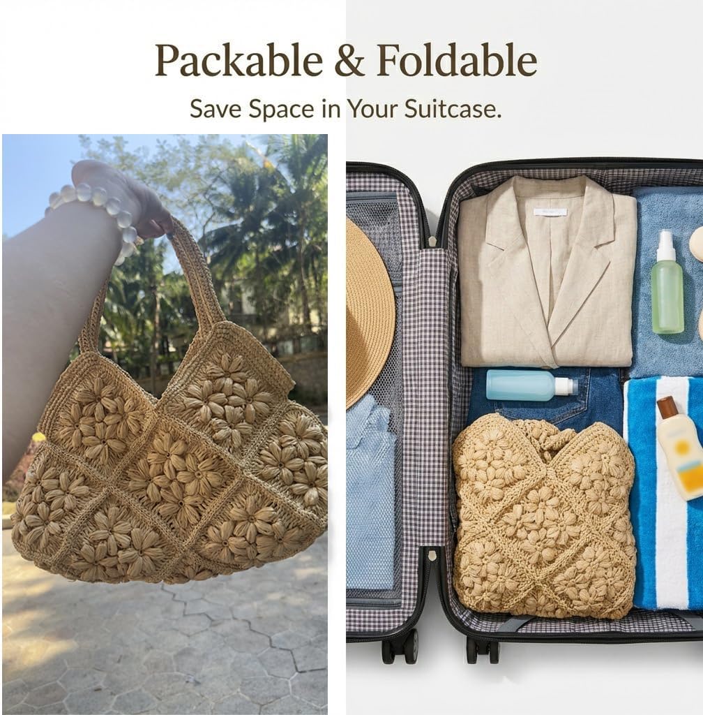 Straw Beach Tote Bag for Women Handmade Paper Woven Large Shoulder Purse Lightweight Foldable Summer Vacation Beach Bags