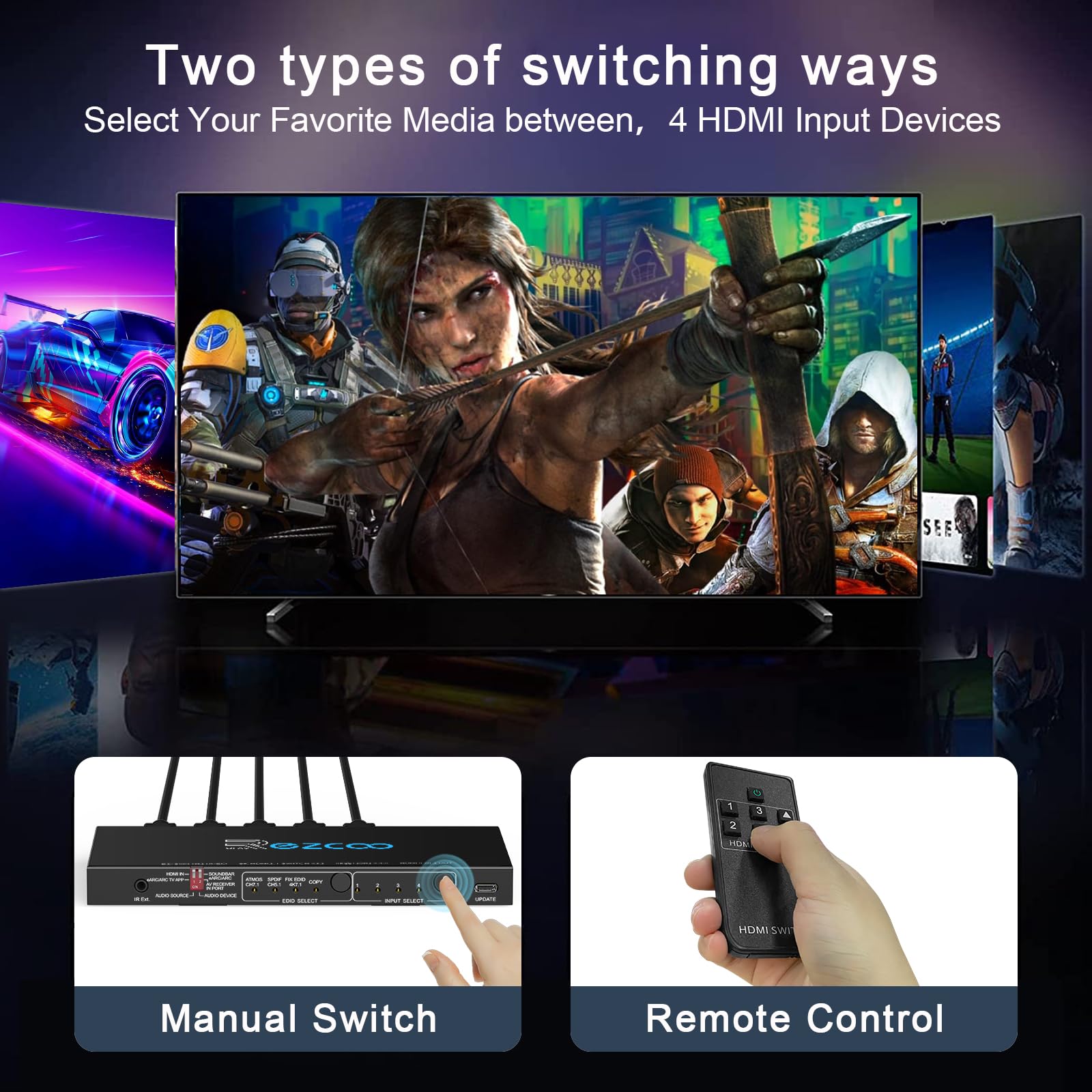 HDMI 2.1 eARC Switch 4K 120Hz 4x1 Estrattore Audio VRR ALLM HDCP2.3 ARC HDR10 Ottico SPDIF Ottico e Uscita Audio da 3.5mm, Commutatore HDMI 4 IN 1 OUT Telecomando IR Dolby Digital EDID per PS5 XBOX NV