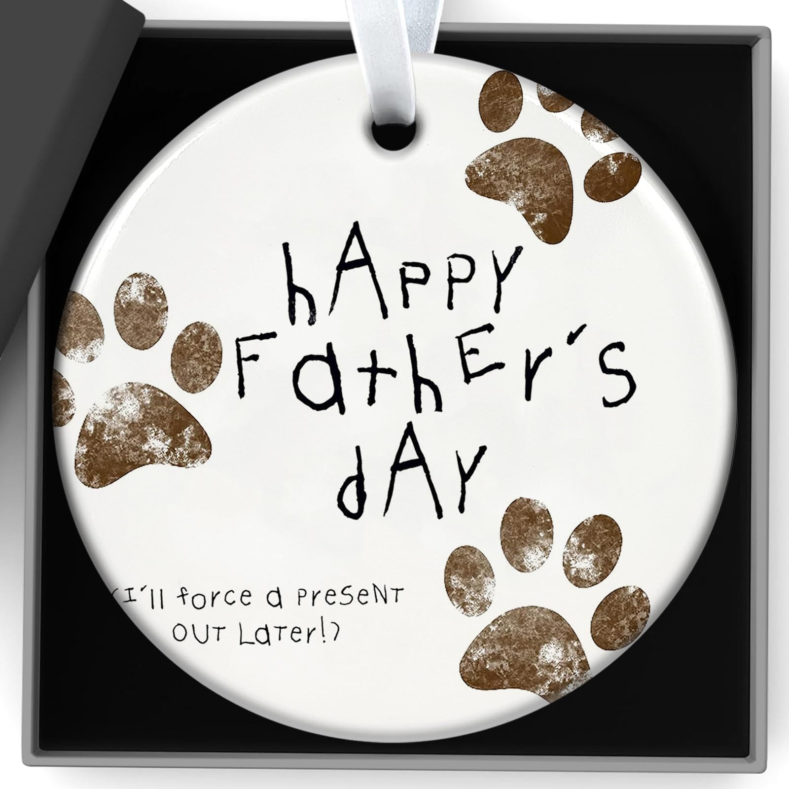 2Pcs Fathers Day Dog Dad Gifts Set Happy Father's Day Acrylic Plaque with Gift Box Paw Print Design from Son Daughter wife Ceramic Circle Ornament 7.6 cm x 7.6 cm for Pet Dog Dad Lovers