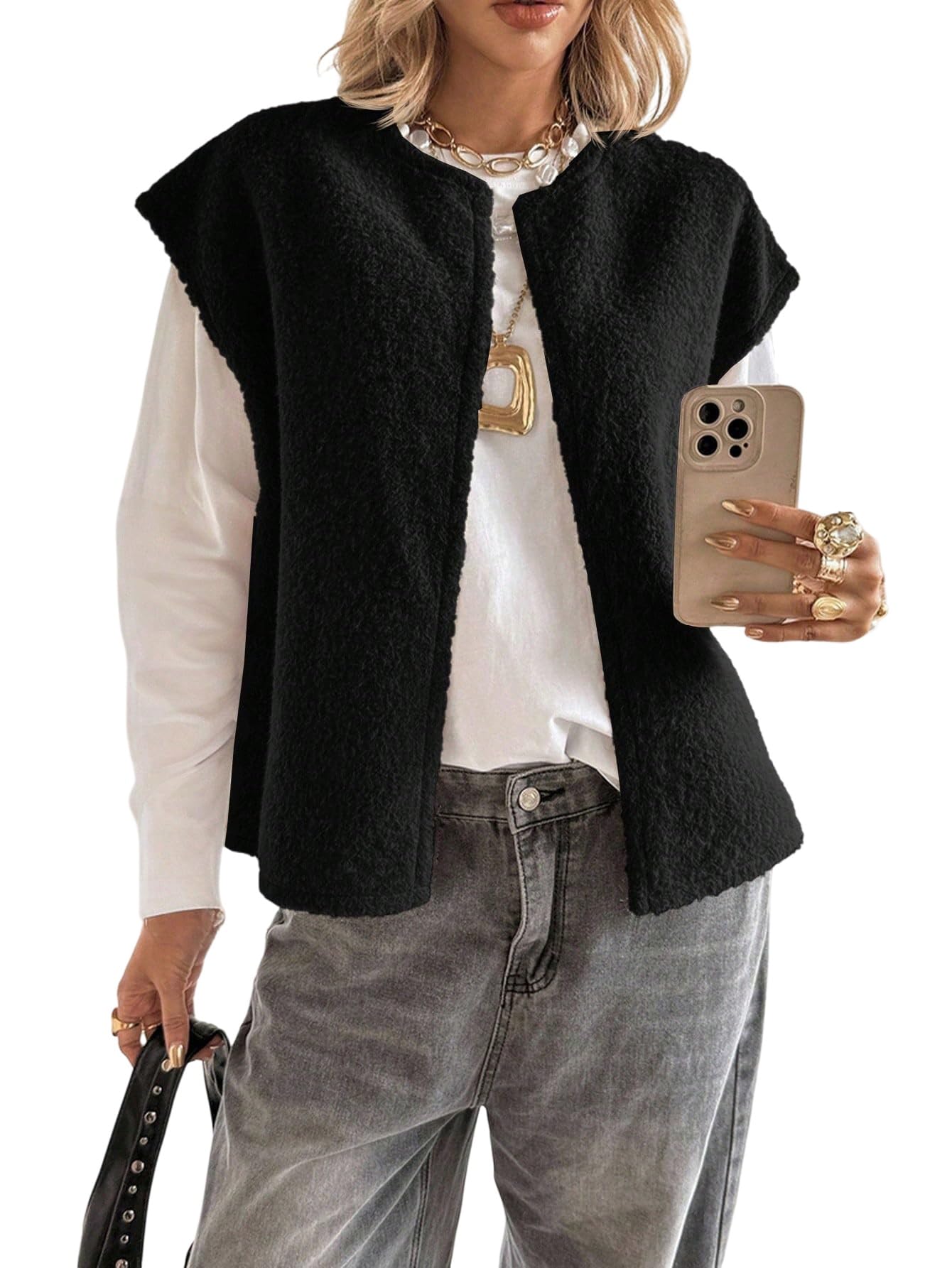 GORGLITTER Gilet senza maniche da donna, leggero, con orsacchiotto, in pile, per autunno e inverno