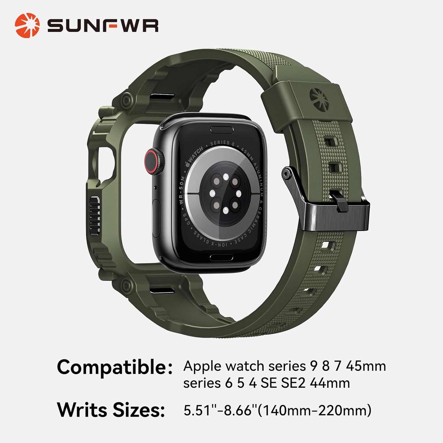 SUNFWR Rugged Band with Case Compatible with Apple Watch Bands for Men 45mm 44mm, Sport Strap with Protective Cover Bumper for iWatch Series 9 8 7 6 5 4 SE SE2