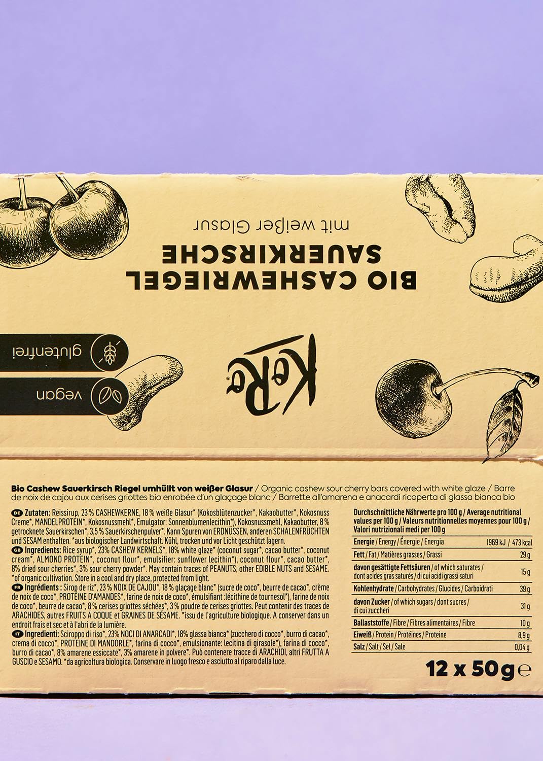 KoRo - Bio Cashewriegel Sauerkirsche 50 g - Für den kleinen Hunger zwischendurch - Bio-Qualität - Helle Schoko-Glasur