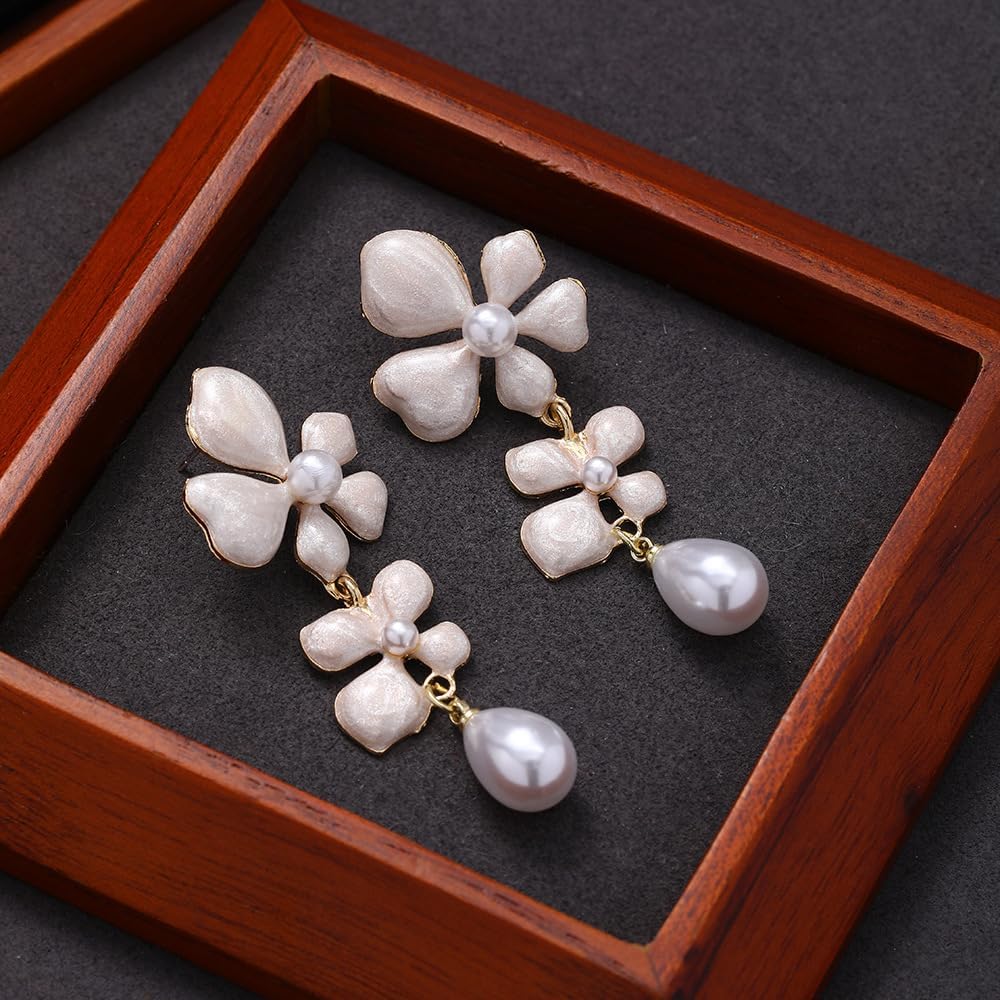 Flower Earrings for Women Dainty Pearl White Flower Dangle Earrings Large Floral Statement Earrings Boho Teardrop Pearl Danling Jewelry - Image 4