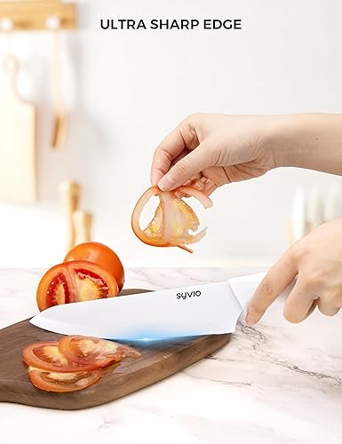 Miniatura 6 de syvio Juego de cuchillos blancos, juego de cuchillos de cocina con bloque y afilador, 14 cuchillos de cocina para cortar, rebanar, cortar en dados y