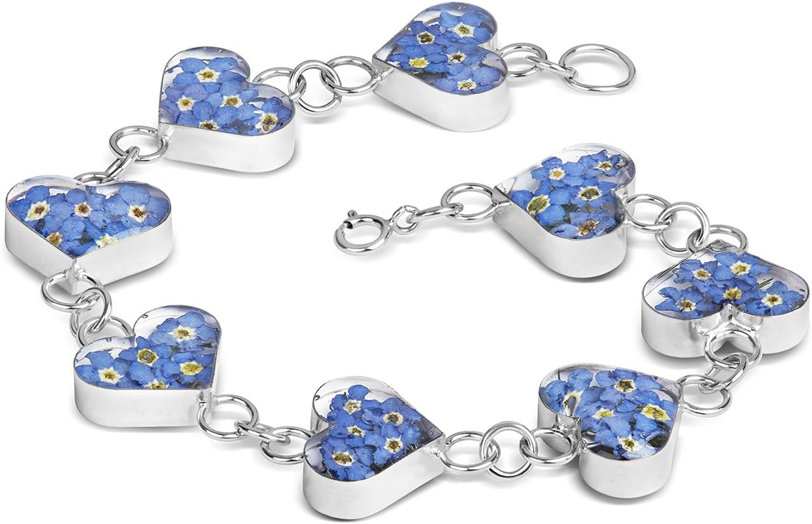 Natural Flower JewellerySterling Silver Heart Bracelet Made with Real Forget Me Nots