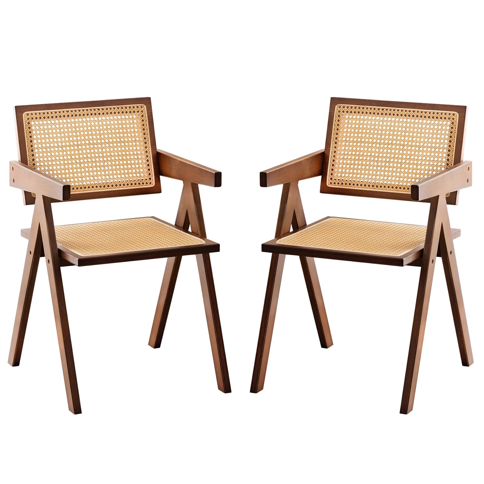 Rattan Accent Chairs, Modern Mid Century Dining Chairs Set of 2, Comfy Armchairs, Outdoor Rattan Chairs with Armrest for Bedroom Living Room Reading Room Dining Kitchen, Brown