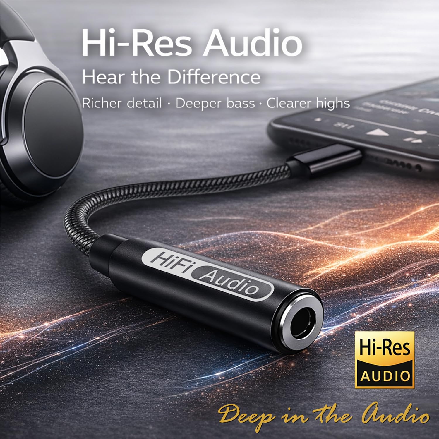 USB C auf 3,5 mm Hi-Res Audio-Adapter, eingebauter DAC, Typ C auf AUX-Kopfhöreranschluss, Sound in Studioqualität, unterstützt Anrufe, kompatibel mit iPhone 15, 16, 17, Samsung Galaxy S25, S24, S23