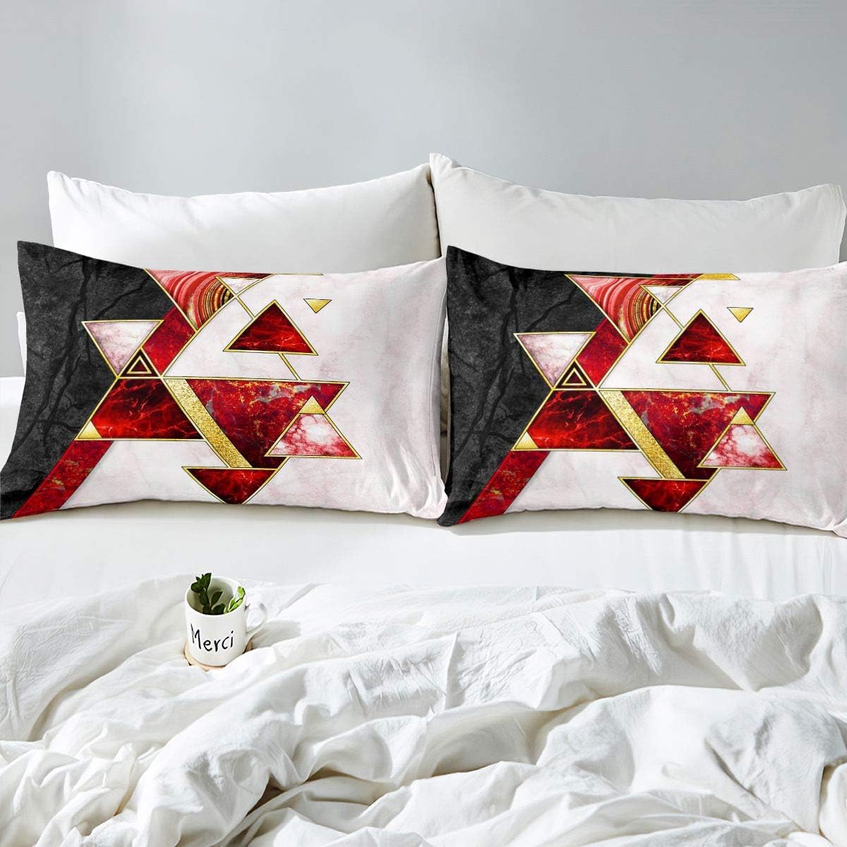 Marble Fitted Sheet Queen Girls Women,Modern Luxury Gold Red White Black Geometric Texture Lines Marble Bedding Set Hotel Soft Microfiber Triangle Bed Sheet Set for Kids Boys Teens Living Room Decor