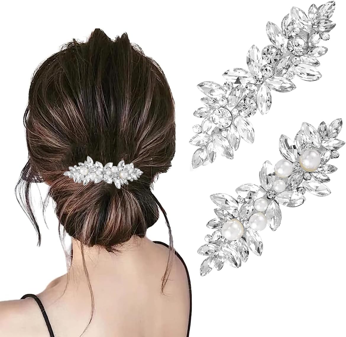 MAYCREATE 2Pcs Rhinestone Hair Clips for Women Crystal Pearl | Hair Barrettes, Silver French Hairpin Flower Hair Clip Bridal Hair Accessories for Daily, Party, Wedding