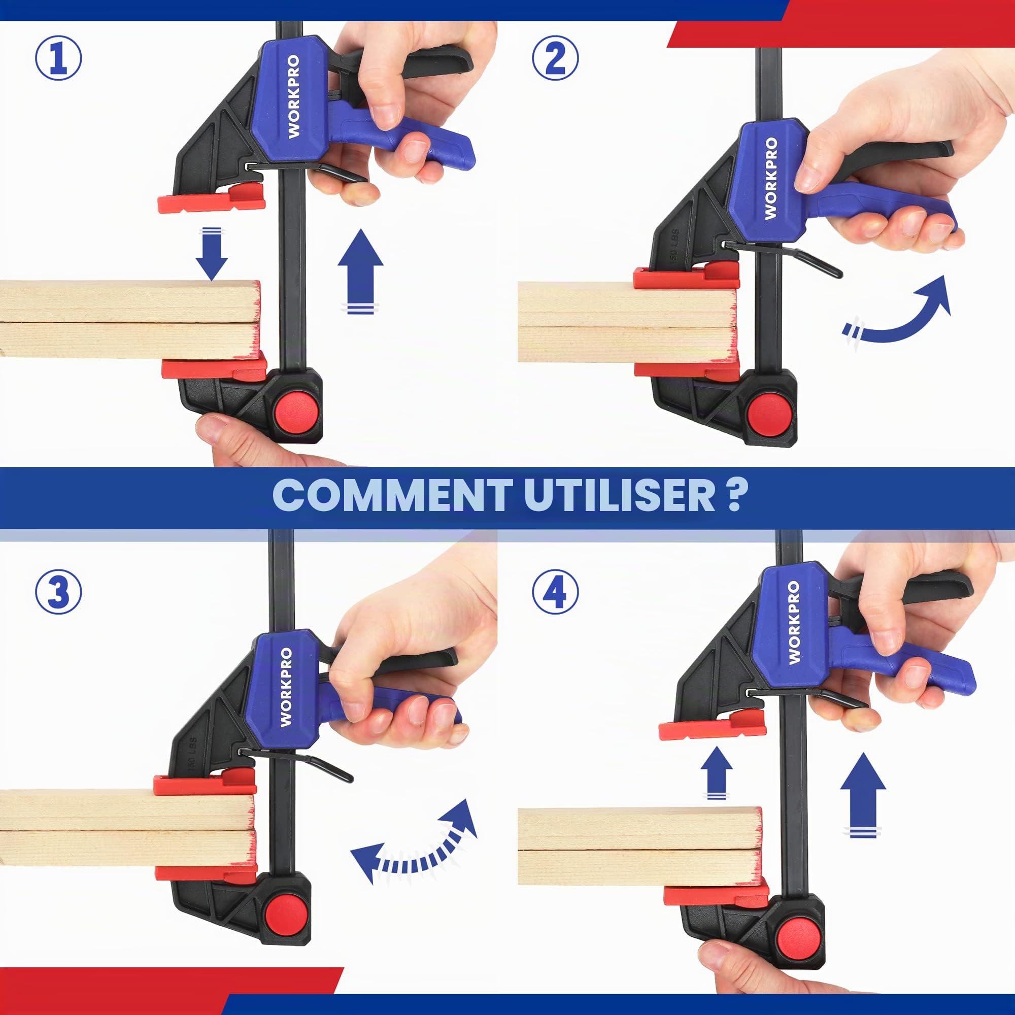 WORKPRO Jeu de Serre-joints Rapide 2 Pièces en Acier et Nylon Renforcé pour une Fixation Précise, Largeur de Serrage 152 mm, Force de Serrage Maximale 136 kg,Plage d'Etirement 175-335 mm