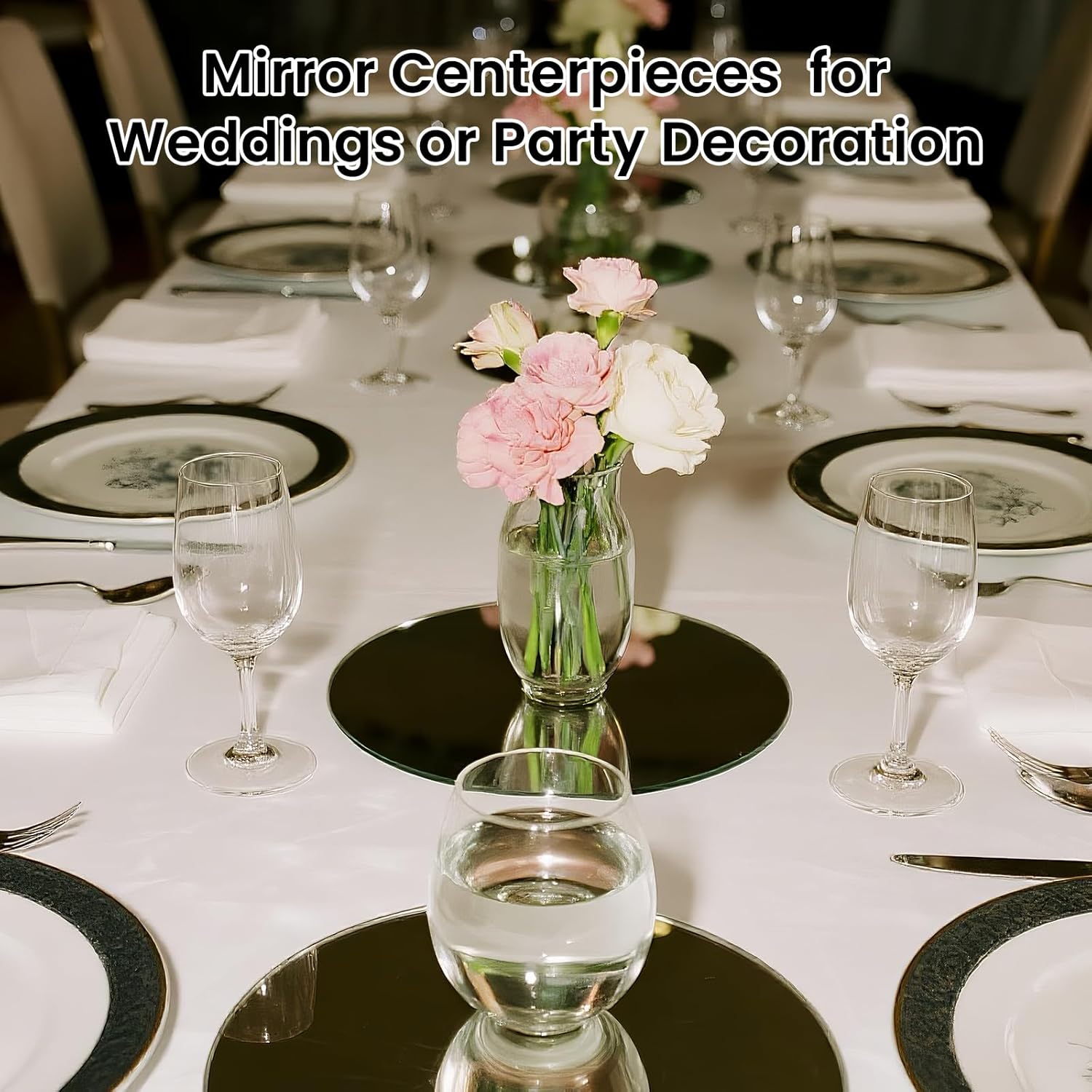12" Round Mirror Centerpieces for Tables, 12Pcs Glass Mirror Trays for Wedding, Party, Christmas Decorations, Mirror Candle Plates with Polished Edges & Non-Slip Feet