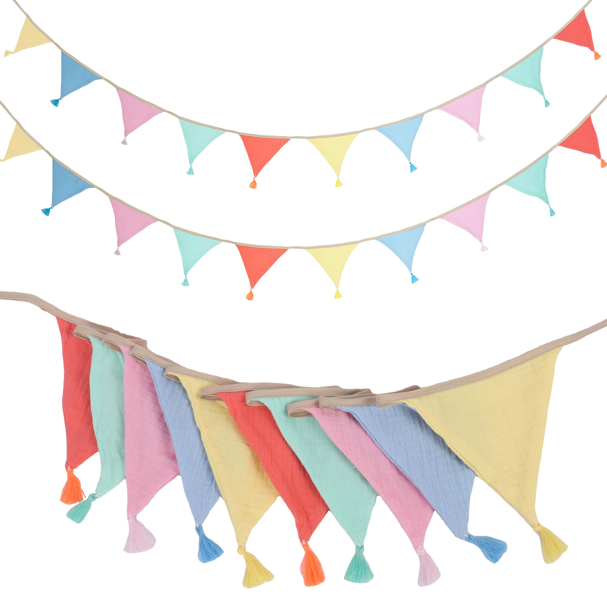 Fabric Bunting Banner with Tassel, 10PCS Double Sided Cotton Buniting, 2.6m Fabric Triangle Flag Pennant Streamer for Nursery Baby Shower Birthday Party Wedding Bedroom Decoration