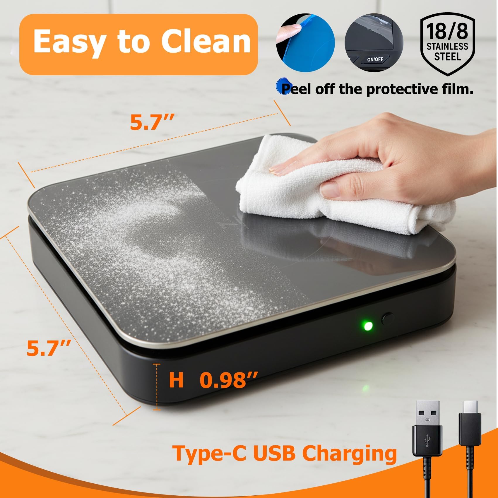 Digitale Küchenwaage mit zwei Funktionen, abnehmbarer LED-Anzeige und integriertem Thermometer, 5 kg, hochpräzise 0,1 g, Edelstahl-Lebensmittelwaage zum Kochen und Backen, Tara-Funktion, 5 Einheiten