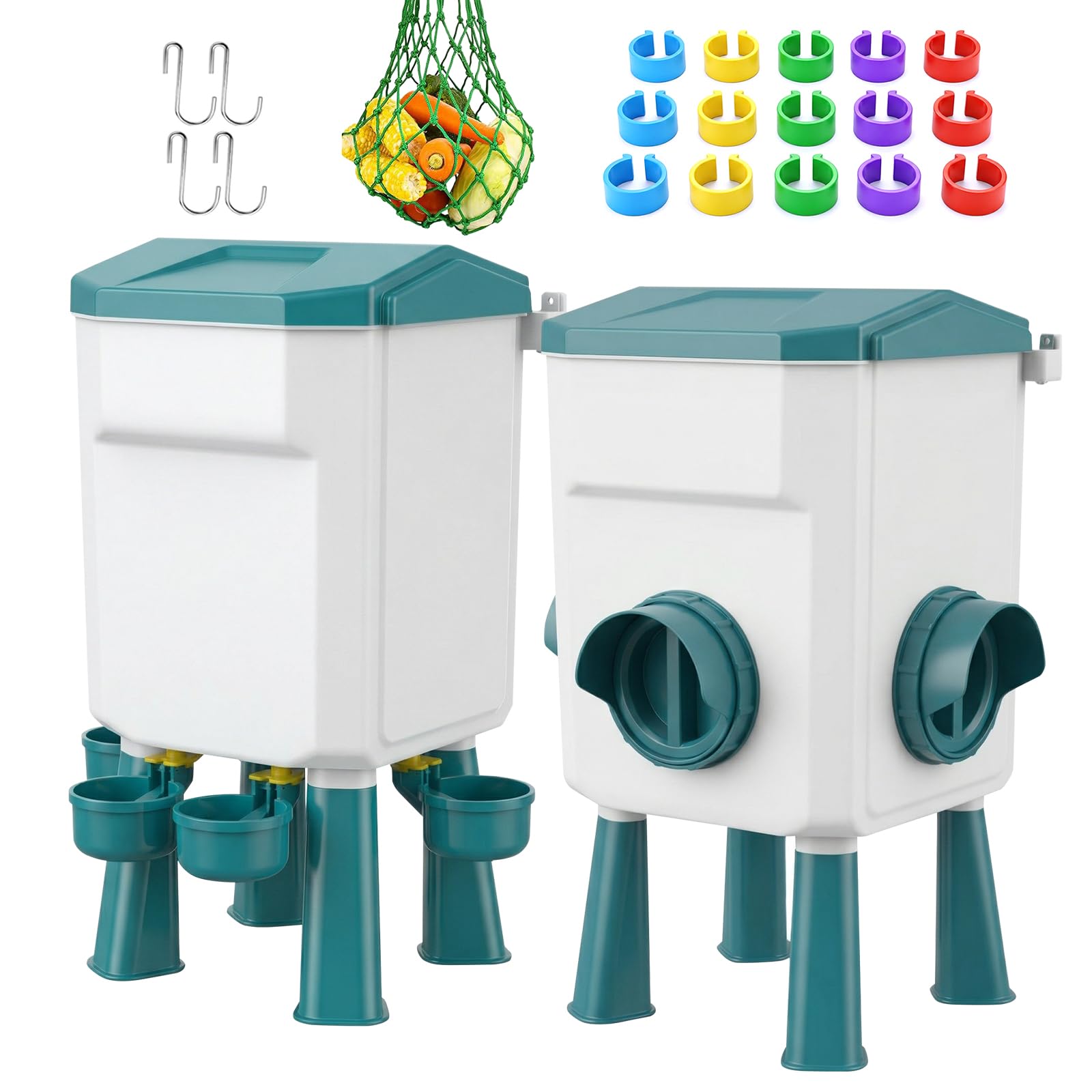 Comedero de pollo de 12 kg y dispensador de agua de pollo de 11 L, comederos y bebedores de pollo con 15 anillos de patas de pollo y ganchos en S, alimentador automático de aves de corral con patas