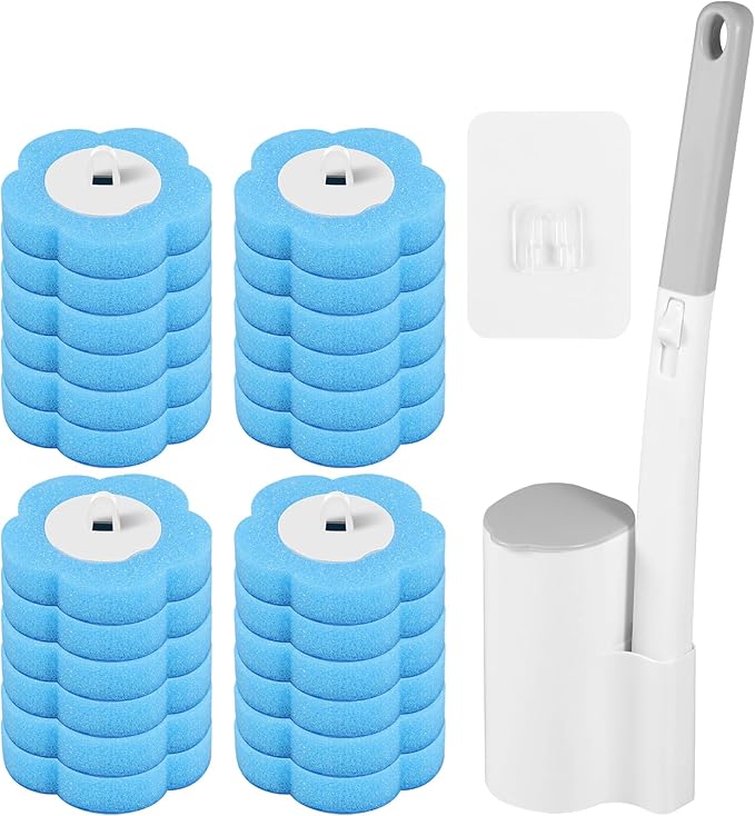 24Pcs Toilet Brush Replacement Head with Handle Disposable Toilet Brush Cleaning System with 24 Refills Wall-mounted Holder Cleaner Set Disposable Toilet Wand Kit for Home Bathroom Kitchen