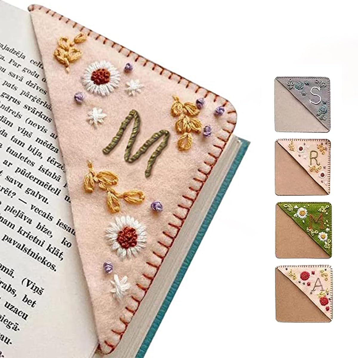 Artdelta Personalized Hand Embroidered Corner Bookmark, 26 Letters Hand Stitched Felt Corner Letter Bookmark, Cute Flower Embroidery Bookmarks for