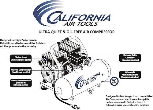 Miniatura 6 de California Air Tools 2010AH Ultra silencioso y sin aceite 1.0 Hp, 2.0 Gal. Compresor de aire de tanque de aluminio con manguera de aire híbrida de