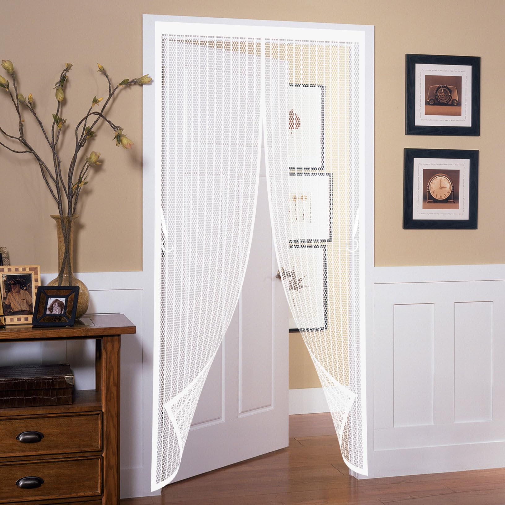 Fly Screens for Doors 151 x 223 cm Durable Polyester Mesh, Keeps Bugs Out Cat Screen Door Easy to Install Without Drilling for Windows Doors Patio, White