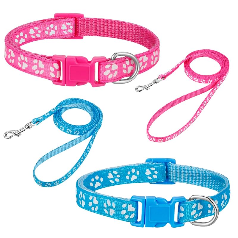 Coleira para Cachorro Pequeno com Guia Ajustável, Nylon Macio com Estampa de Patinhas BOUMUSOE, Pacote com 2