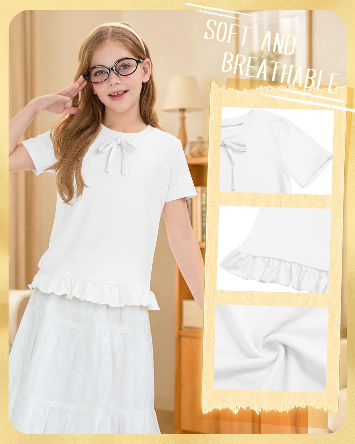 Girls' Short Sleeve T Shirt Ruffle Bow Shirts Cute Summer Kids Crew Neck Tunic Top Casual Loose Tee