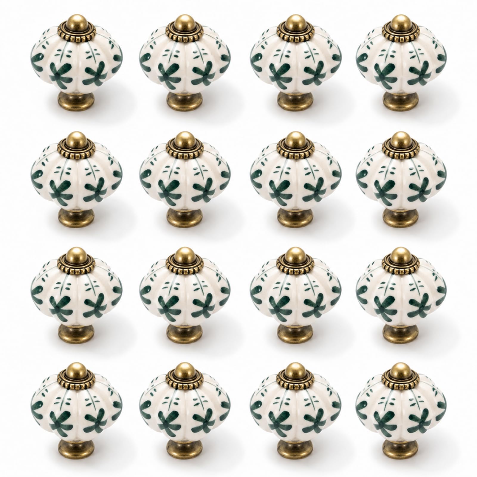 Sunnynest White Green 16 Pack Ceramic Knobs Vintage Pumpkin Drawer Knobs, Ceramic Door Knobs For Cupboards & Drawers, Kitchen Cabinet Knobs With Screws, Decorative Wardrobe Pull Handles (White Green)
