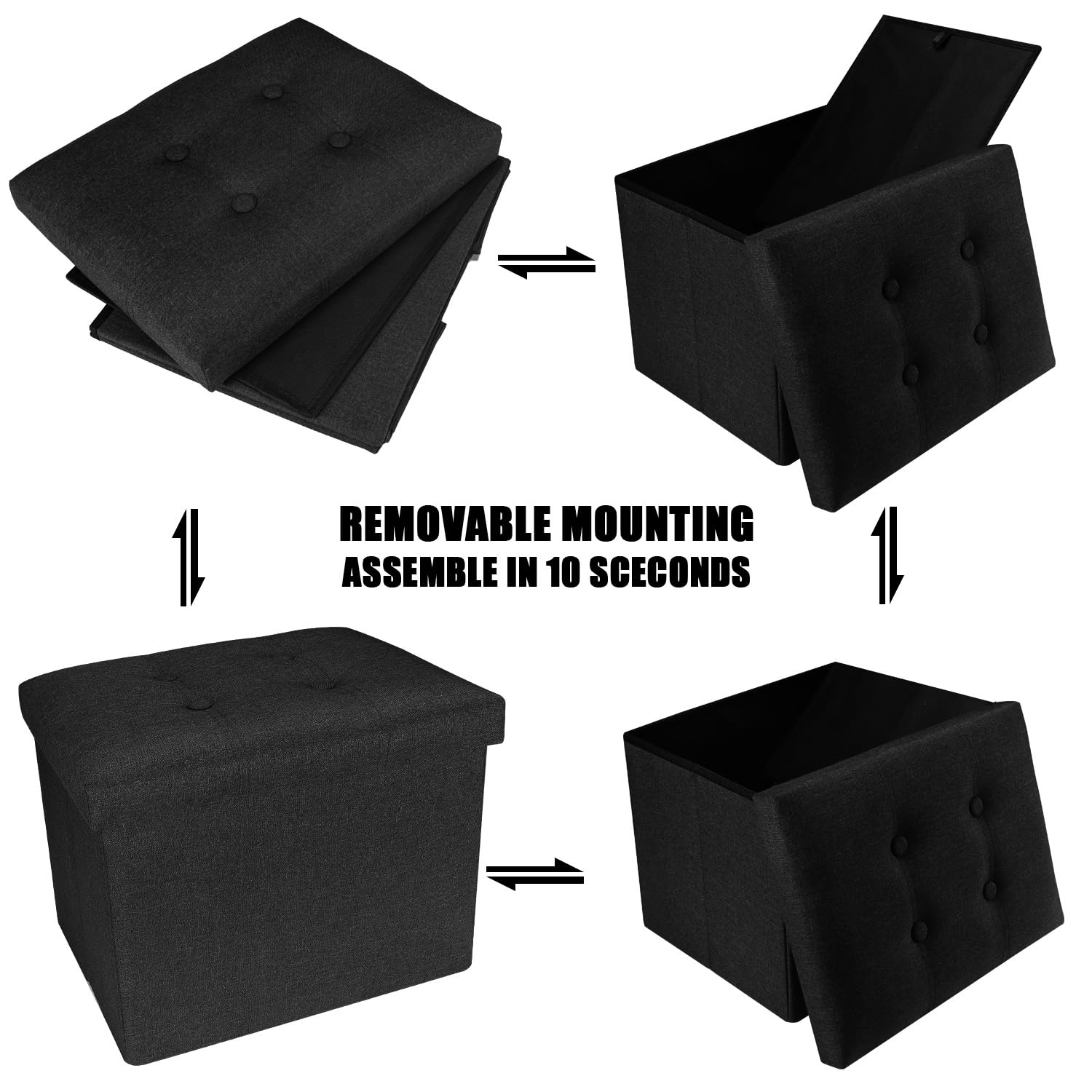 AmasSmile® Storage Ottoman Folding Foot Rest Stool, 17 inch Linen Footstool Bench, Short Ottoman Bench, Storage Foot Rest Store, Books, Records Support 330 lbs,Grey