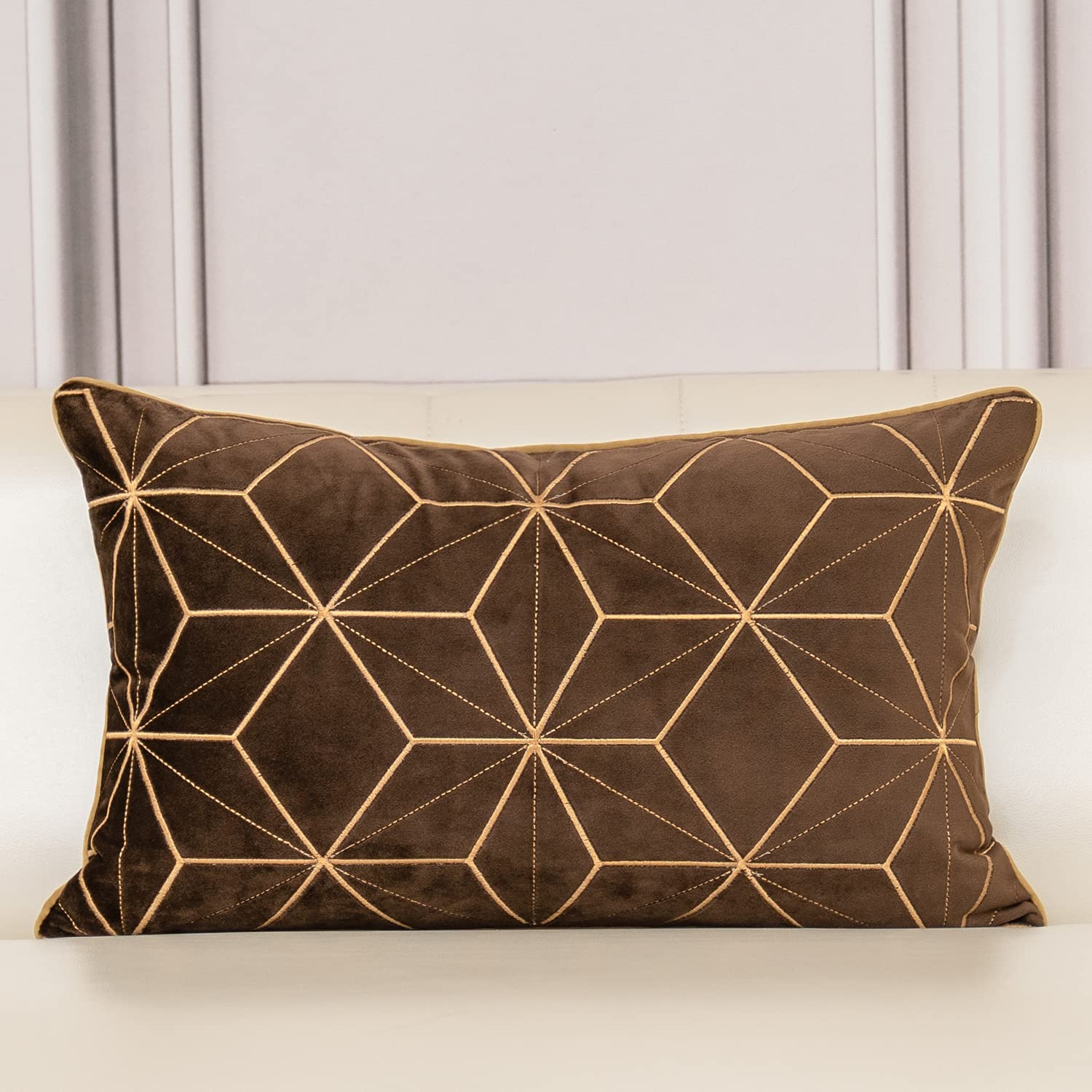 Aeckself 12 x 20 Inch Brown Gold Plaid Geometric Lines Embroidery Velvet Cushion Case Luxury Modern Lumbar Throw Pillow Cover Decorative Pillow for Couch Living Room Bedroom Car 30 x 50cm