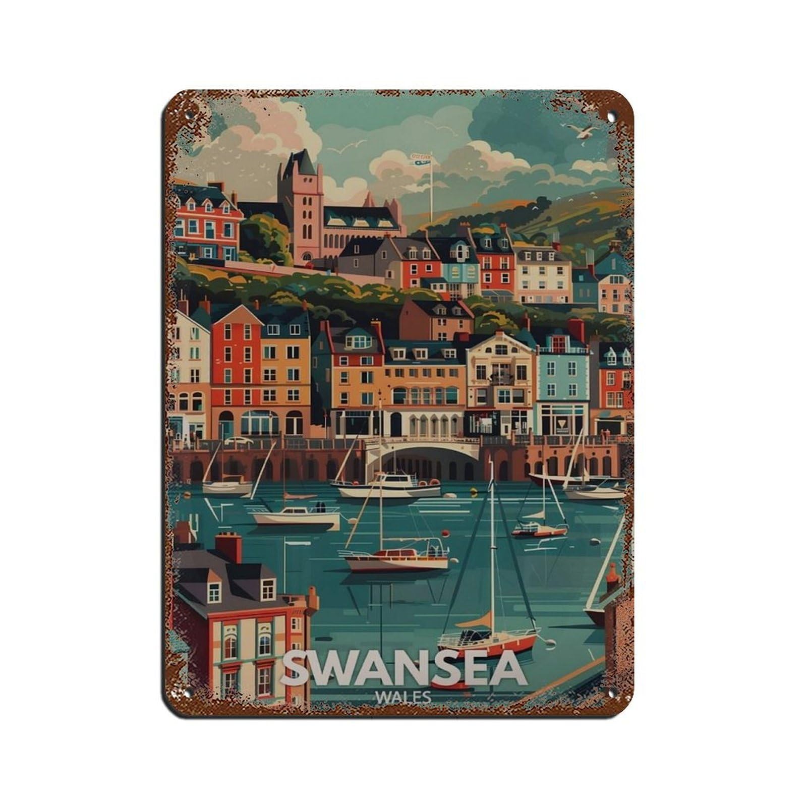 Lxwnze 30L X 40W Cm Swansea Poster, Wales City Art Retro Poster Metal Tin Sign Chic Art Retro Iron Painting Bar People Cave Cafe Family Garage Poster Wall Decoration 12X16inch(30X40cm)