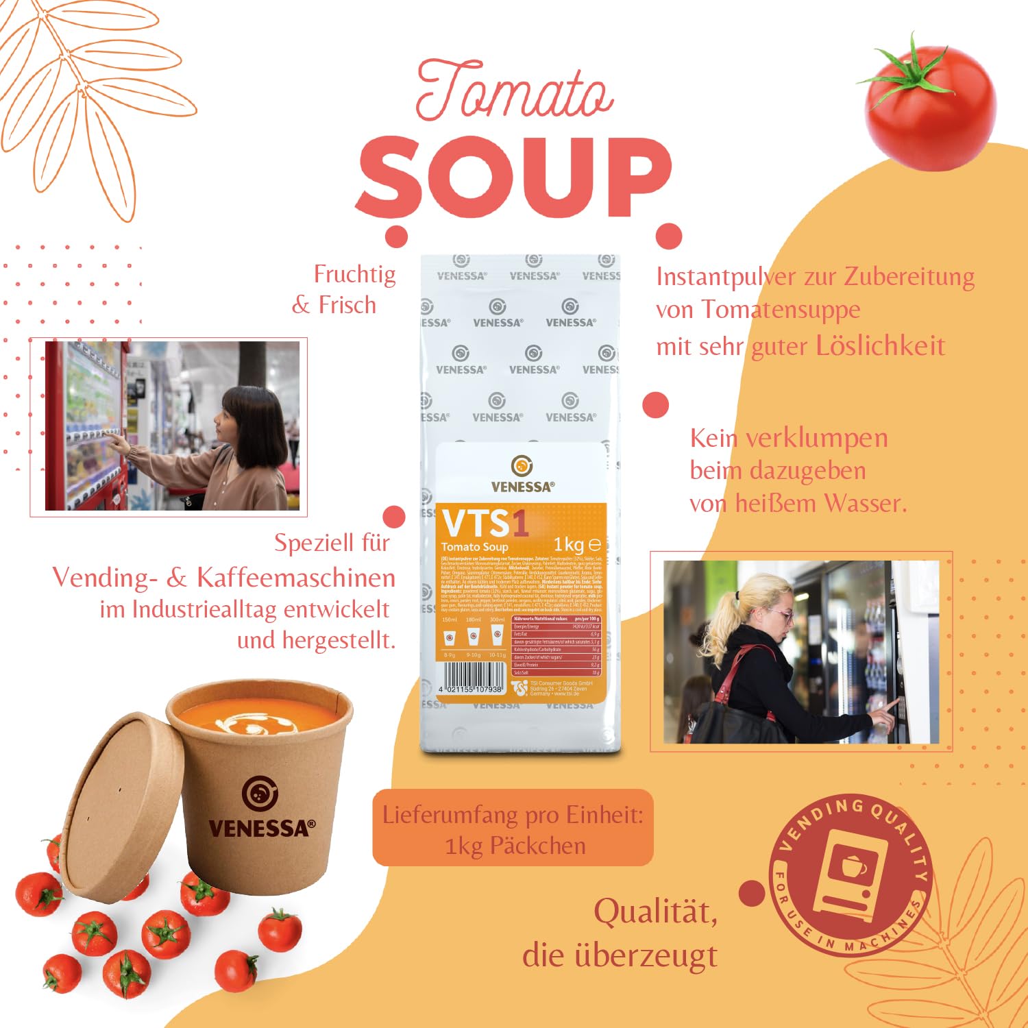VENESSA VTS 1 zupa pomidorowa 20 x 1 kg – korzystne opakowanie – kremowa śródziemnomorska zupa pomidorowa, wyrafinowana, zaokrąglona z przyprawami do automatów automatycznych, do gastronomii