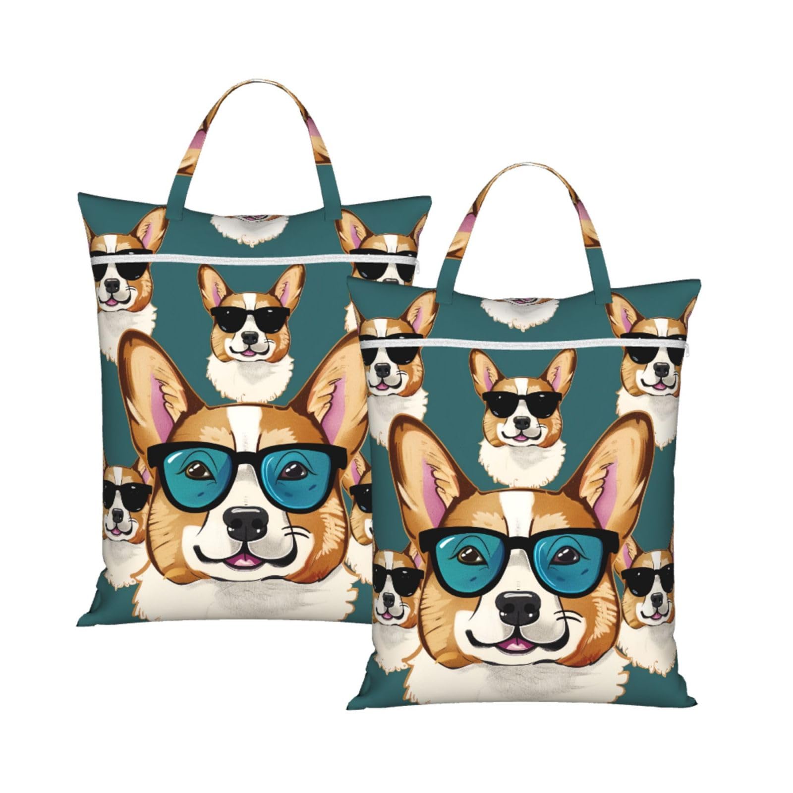 Large Travel Laundry Bags,Cute Corgi Glasses and Mustaches Print with Handle Foldable Laundry Bag for Holidays Gym Swimming and Family Trips, 2Pcs