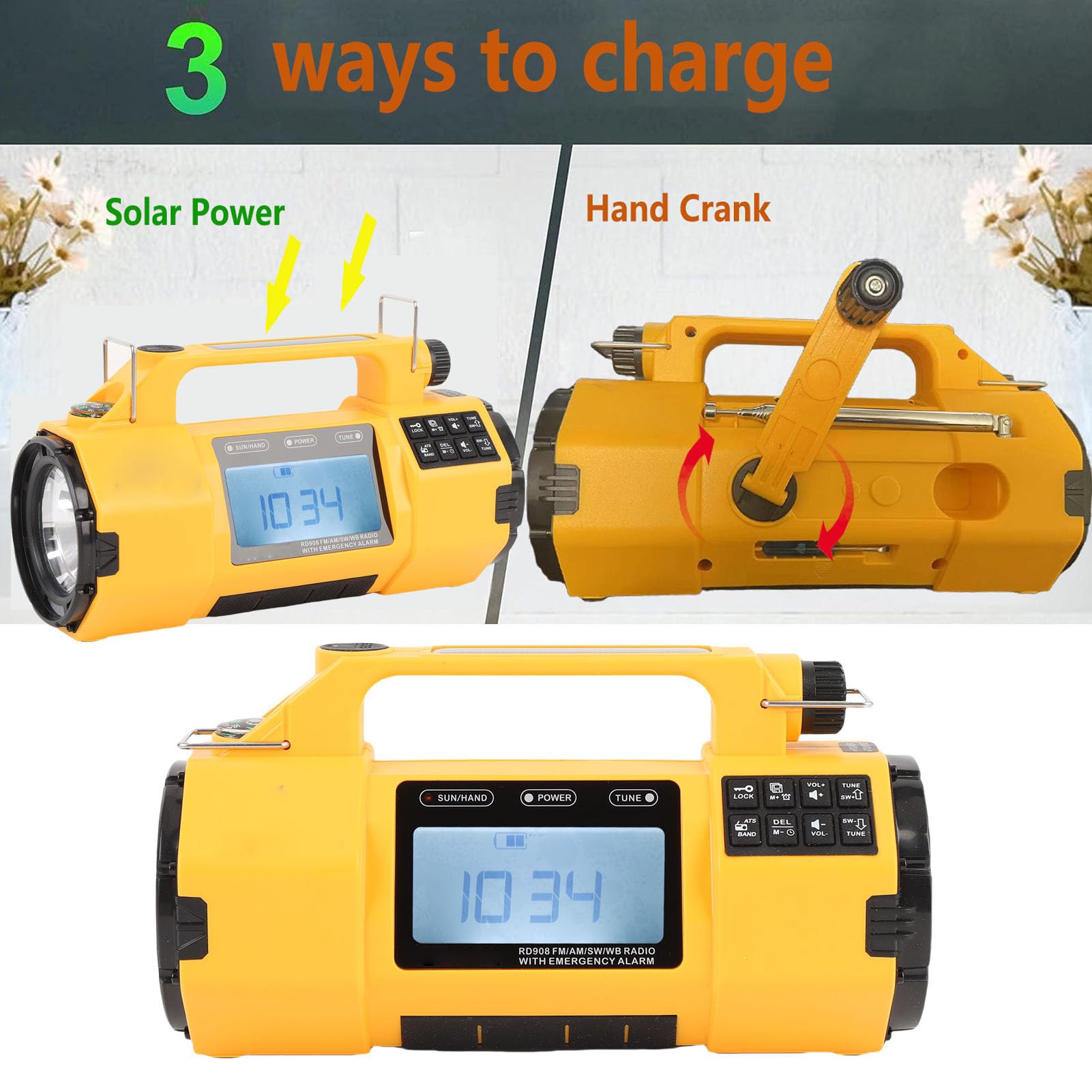 Radia Korbowe z AM FM NOAA SW, Solar Hand Crank Alert Radio z Wyświetlaczem LCD, Przenośne Radiotelefony z ładowarką komórkową, latarką, lampą do Odczytu, Gniazda Słuchawkowego